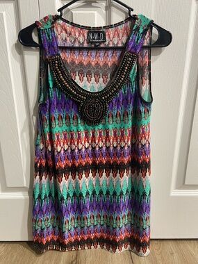 New Woman Design Beaded Neckline Sleeveless Multicolor Tank Top Sz S